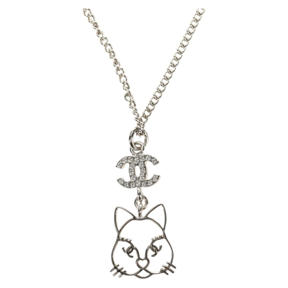 CHANEL COCO Mark Cat Necklace metal Silver CC Auth 184248M