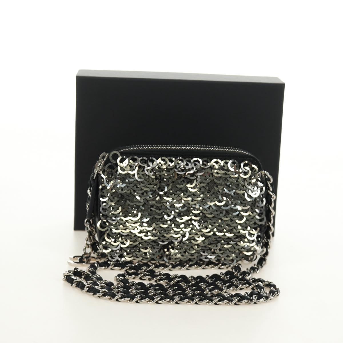 CHANEL Chain Shoulder Bag Sequin Black Silver CC Auth 184258SM