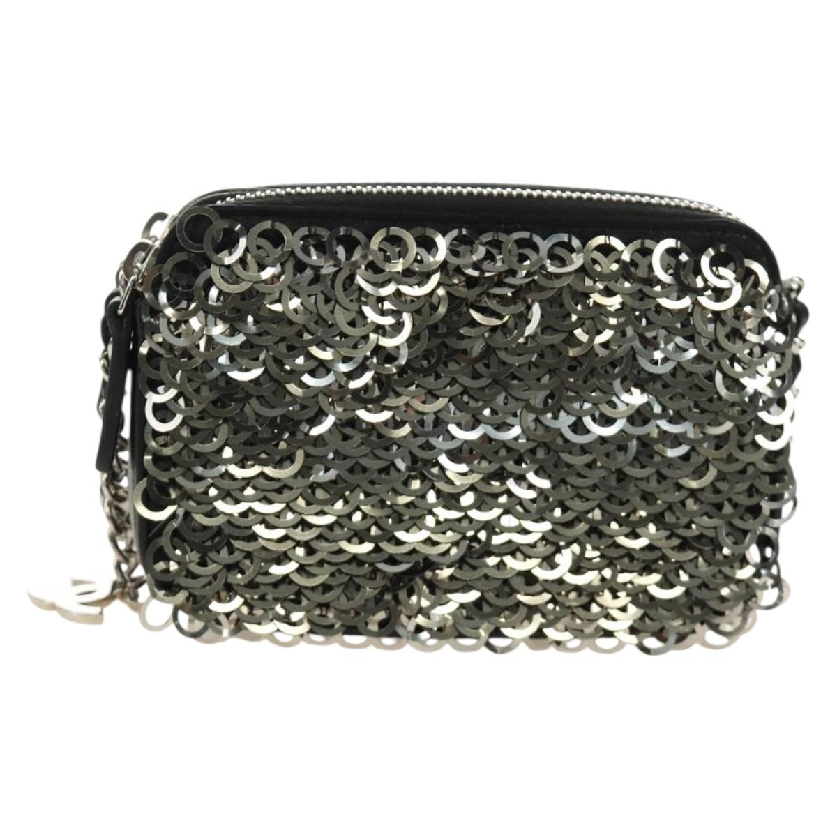CHANEL Chain Shoulder Bag Sequin Black Silver CC Auth 184258SM