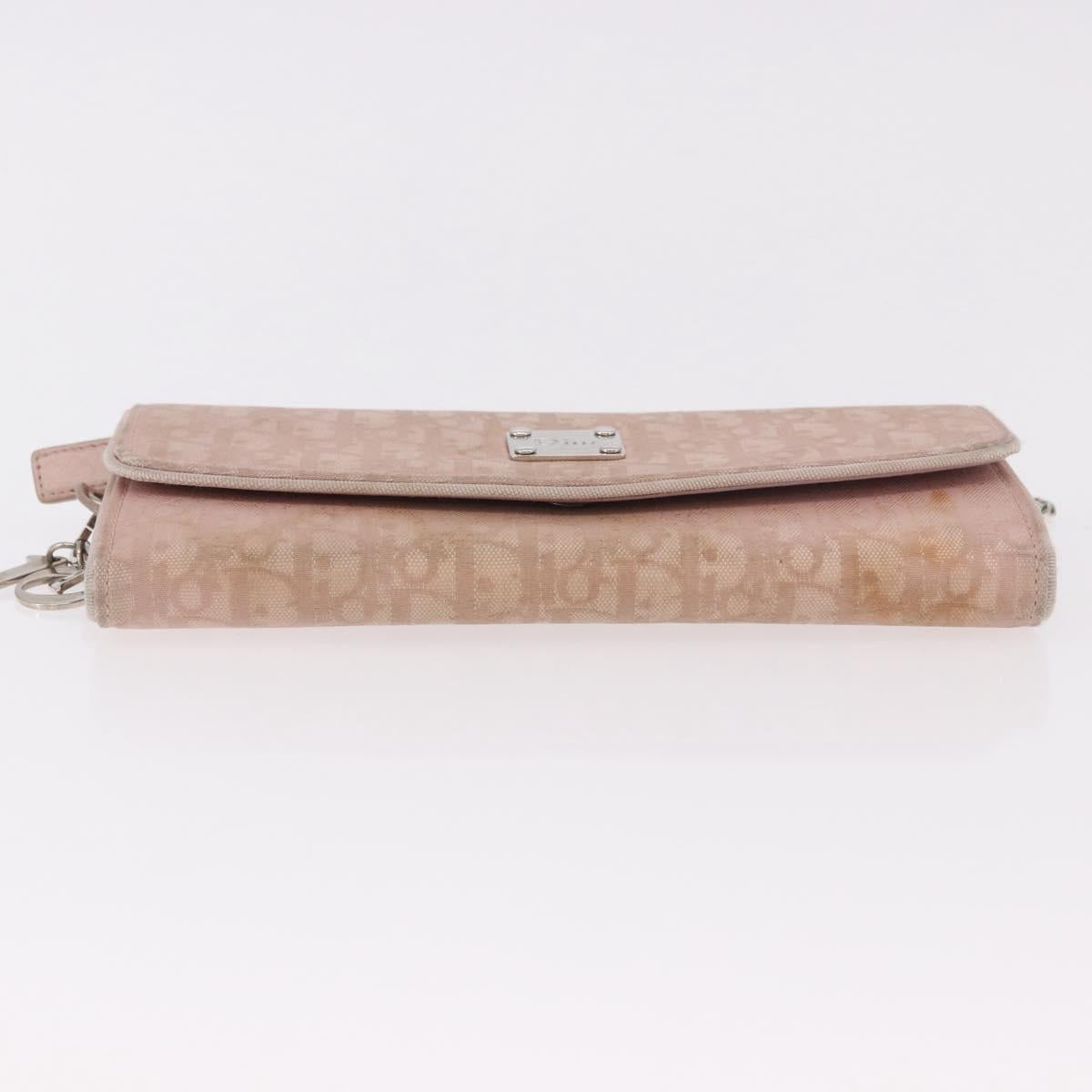Christian Dior Chain Trotter Canvas Long Wallet Pink Silver Auth 184271