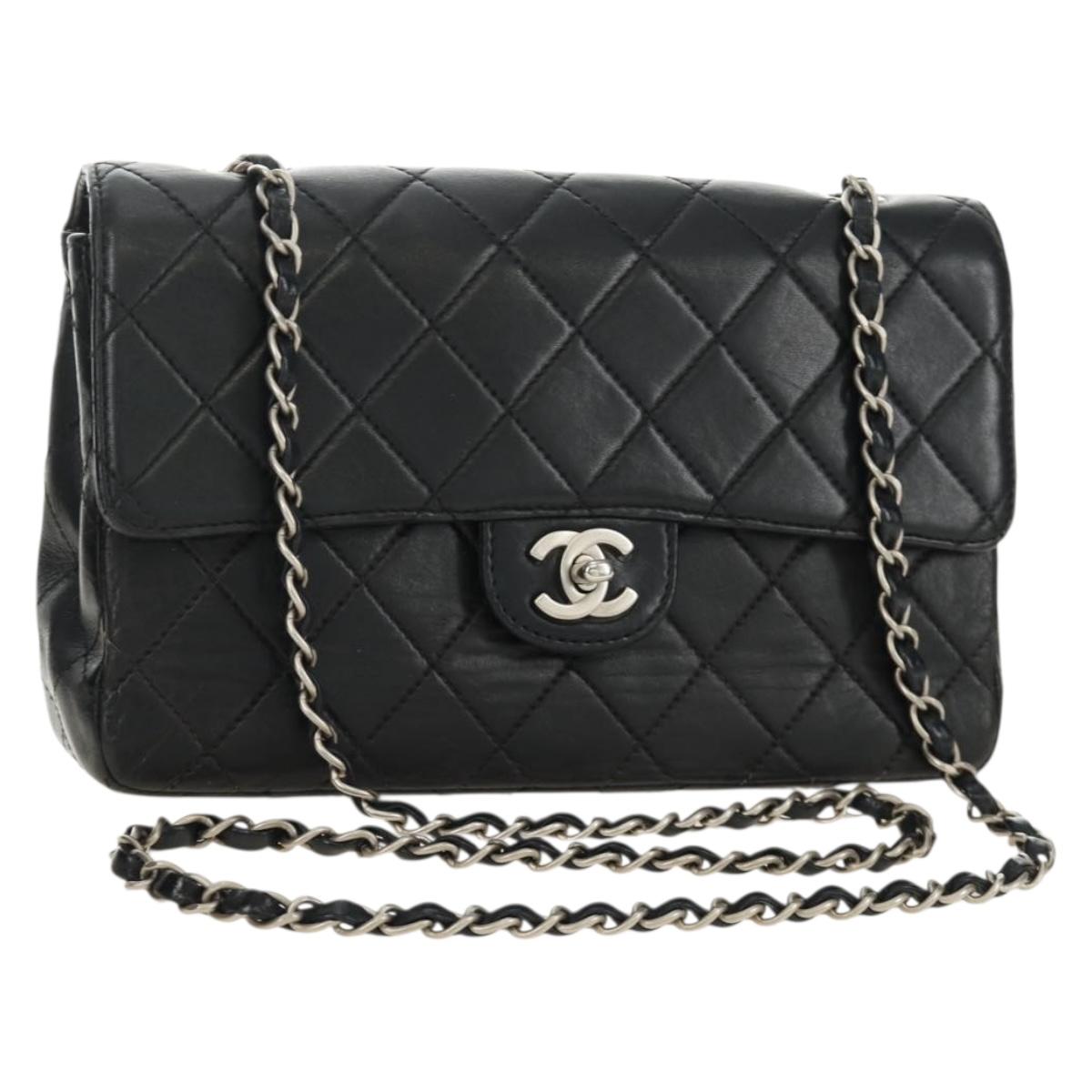 CHANEL Matelasse 25 Chain Shoulder Bag Lamb Skin Black Silver CC Auth 184284V