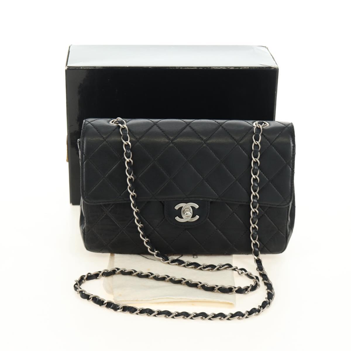 CHANEL Matelasse 25 Chain Shoulder Bag Lamb Skin Black Silver CC Auth 184284V