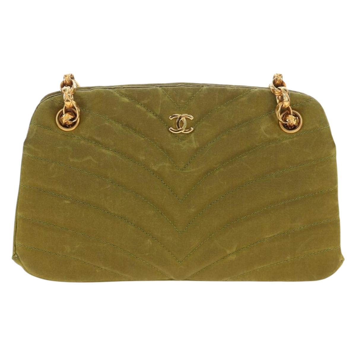 CHANEL Chain V Stitch Shoulder Bag Canvas Green Gold CC Auth 184285SM