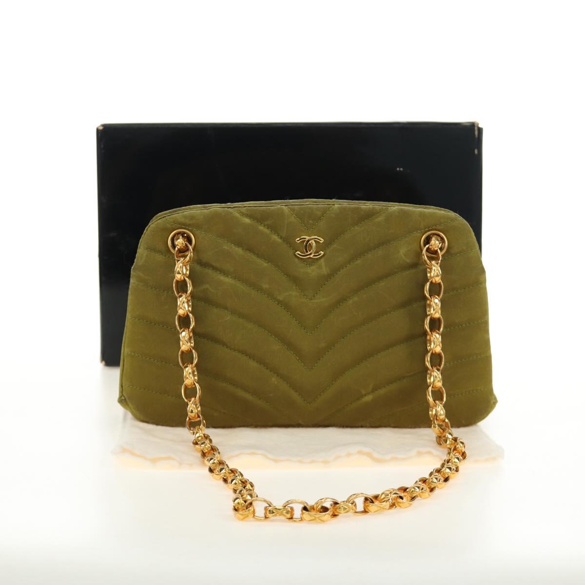 CHANEL Chain V Stitch Shoulder Bag Canvas Green Gold CC Auth 184285SM