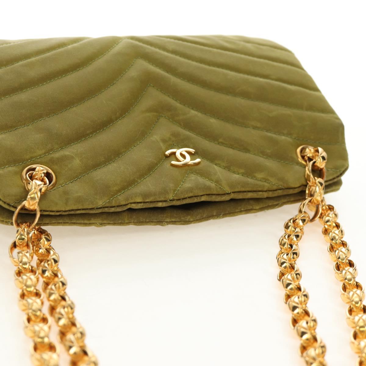 CHANEL Chain V Stitch Shoulder Bag Canvas Green Gold CC Auth 184285SM
