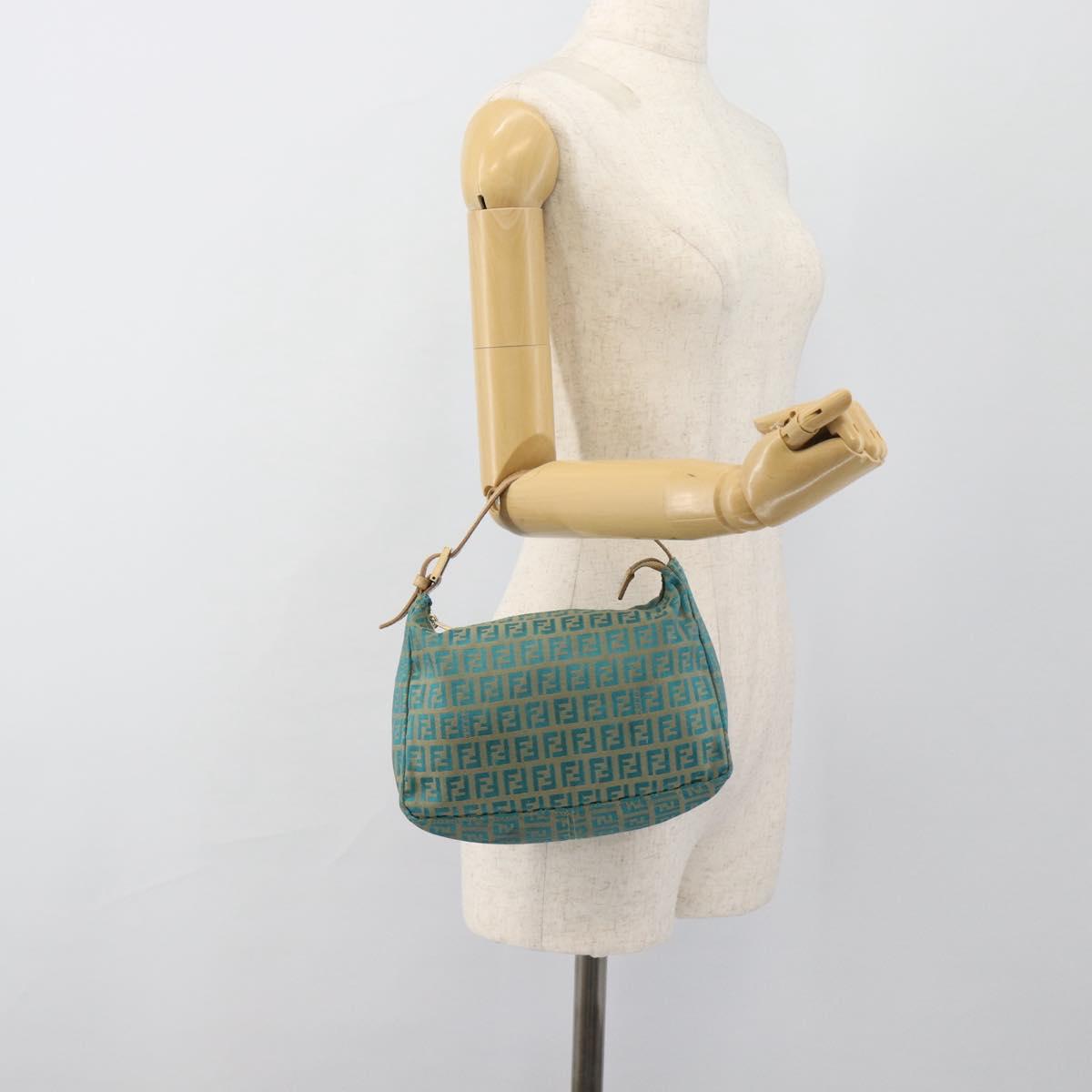 FENDI Zucchino Canvas Hand Bag Green Gold Auth 184296