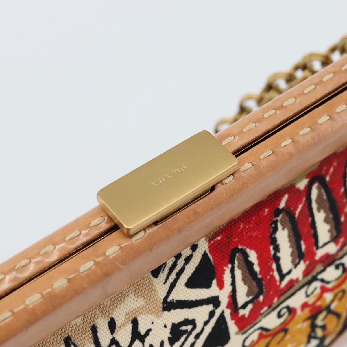 PRADA Chain Shoulder Bag Canvas Brown Gold Auth 184304A