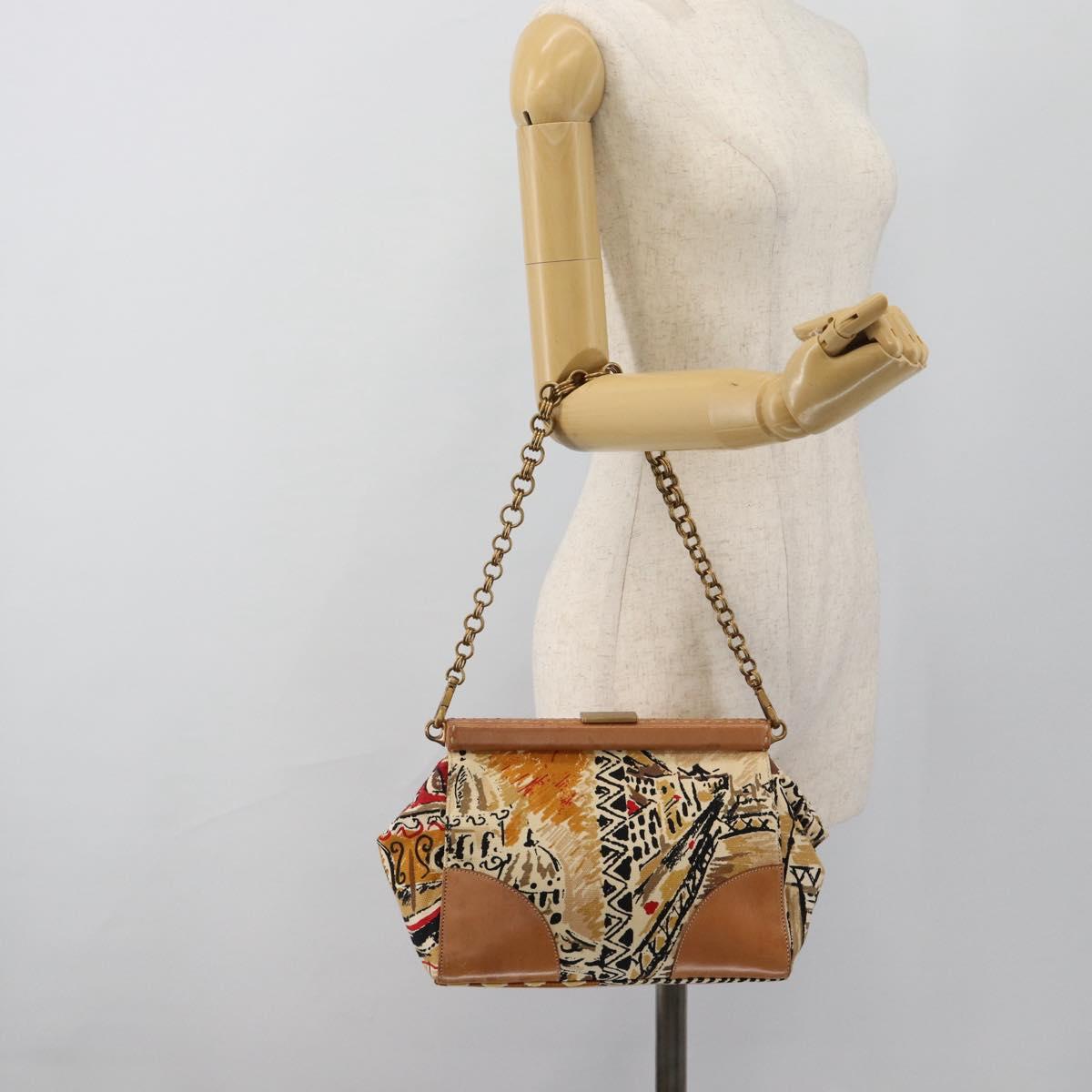 PRADA Chain Shoulder Bag Canvas Brown Gold Auth 184304A