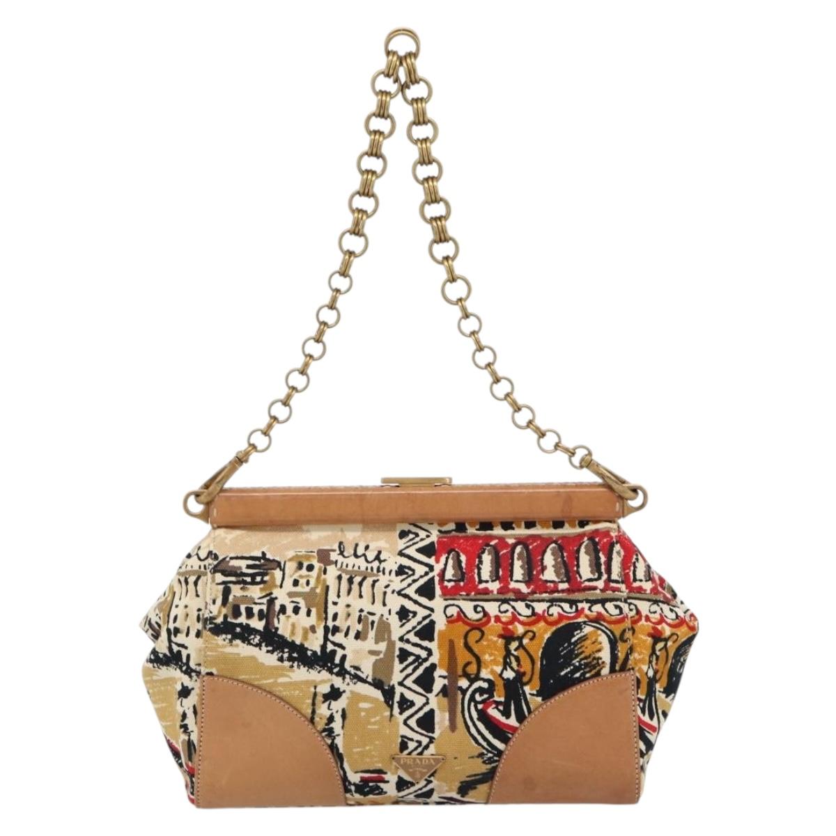PRADA Chain Shoulder Bag Canvas Brown Gold Auth 184304A