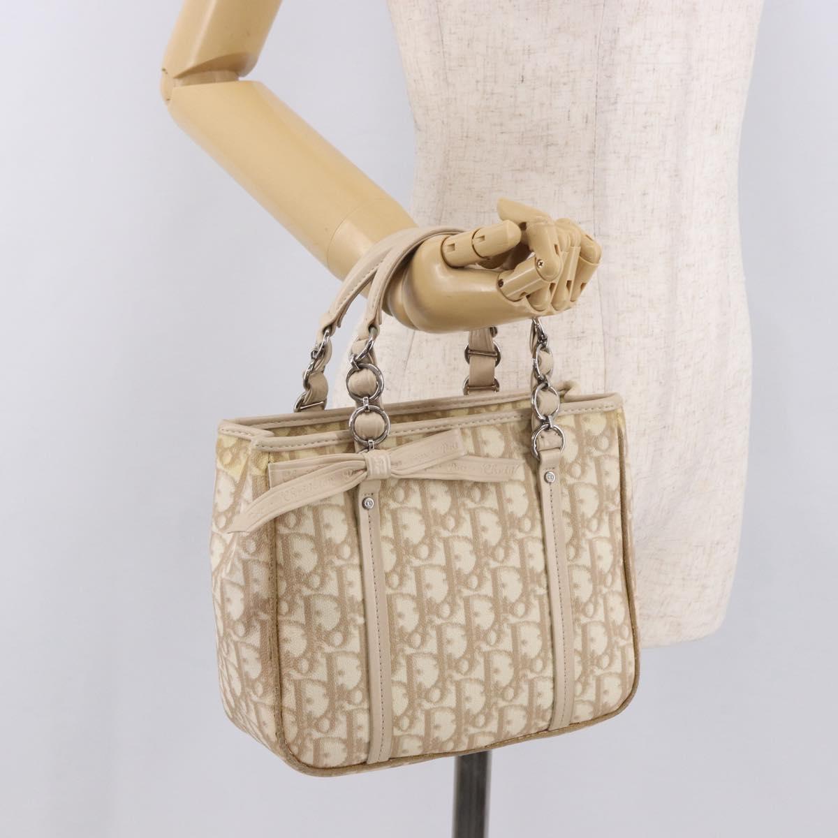 Christian Dior Trotter Canvas Romantic Hand Bag PVC Beige Silver Auth 184305A