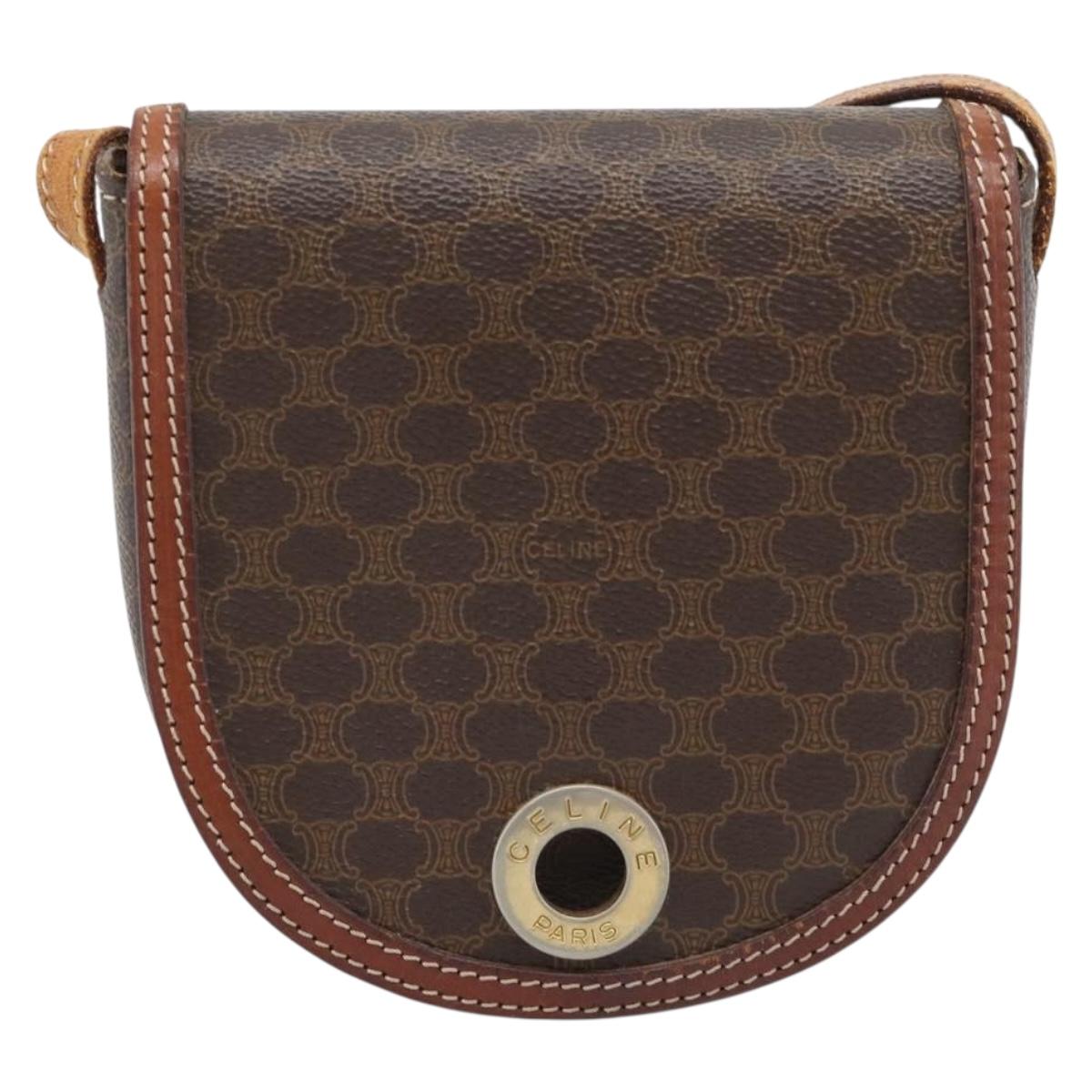 CELINE Macadam Canvas Circle Shoulder Bag PVC Leather Brown Gold Auth 184306