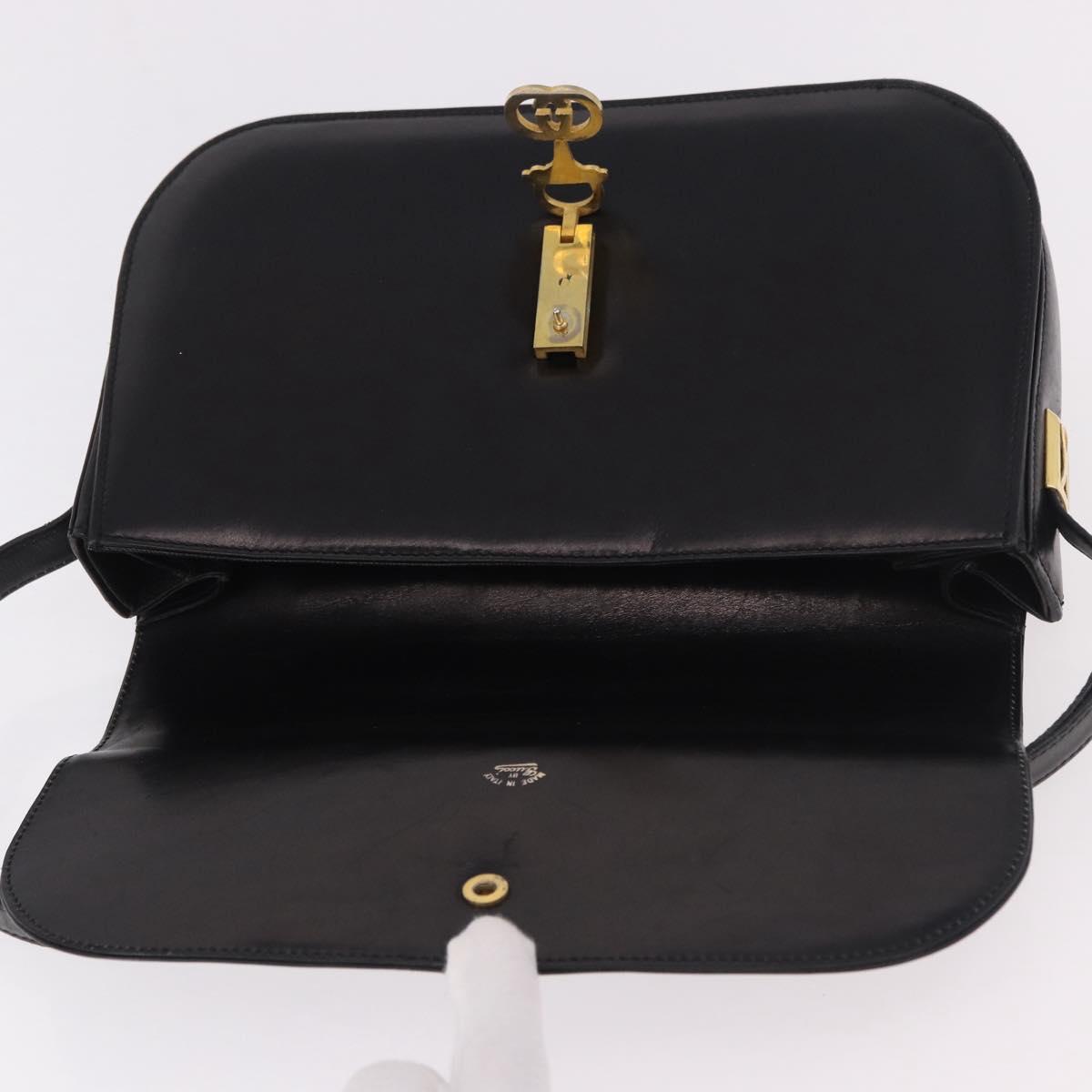 GUCCI Horsebit Shoulder Bag Leather Black Gold Auth 184318