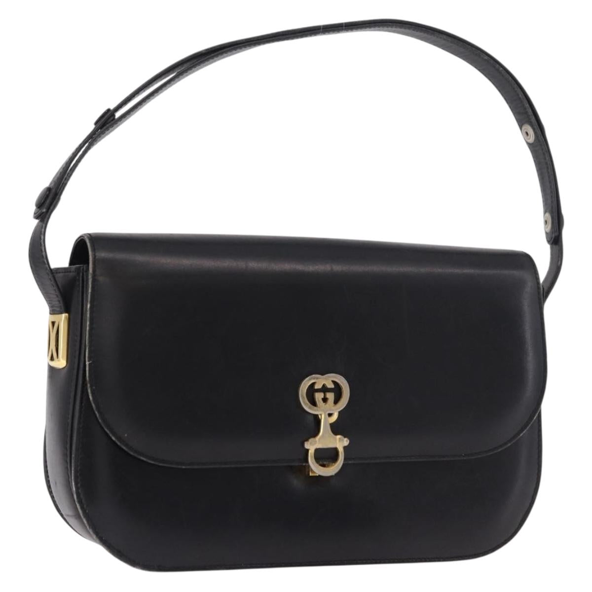 GUCCI Horsebit Shoulder Bag Leather Black Gold Auth 184318
