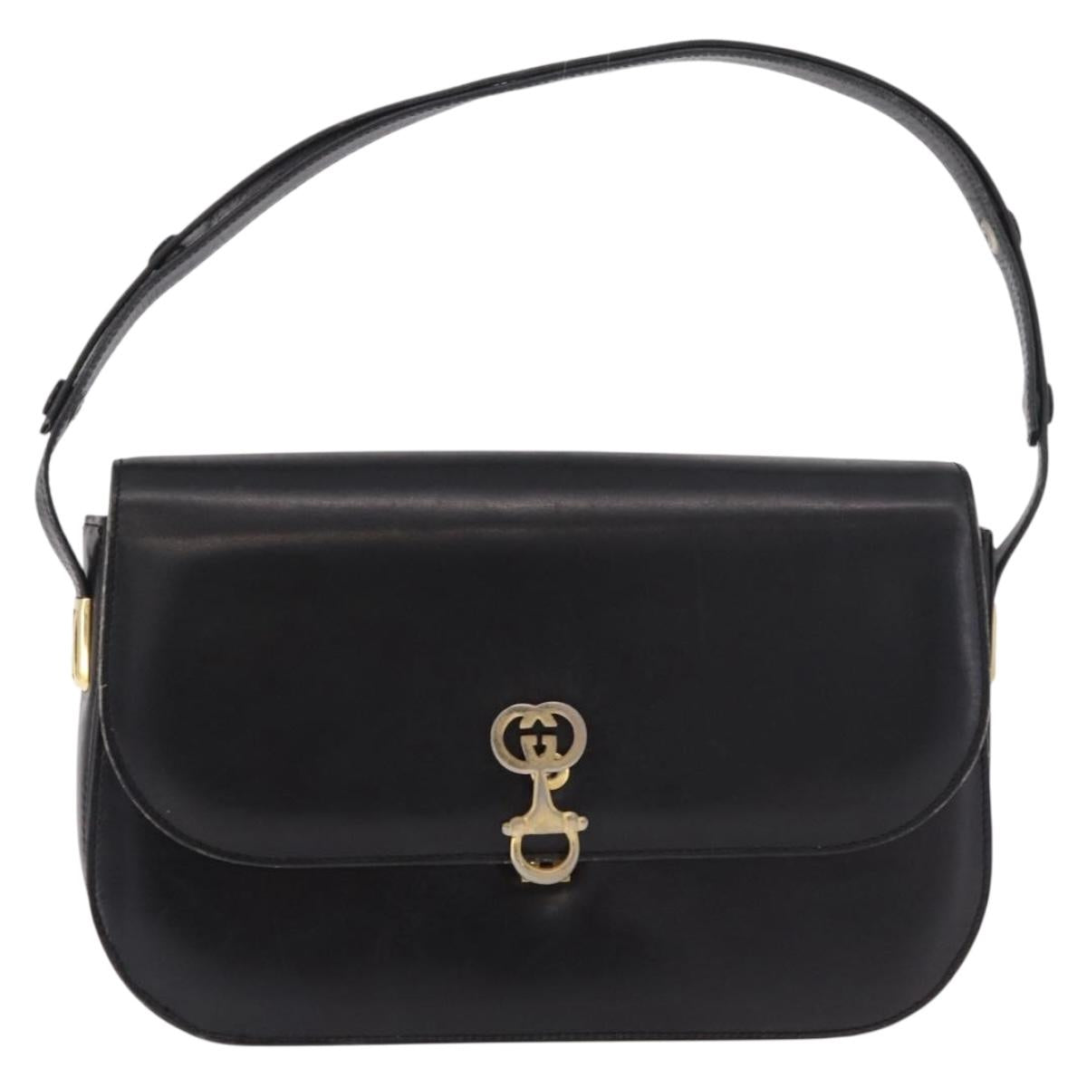 GUCCI Horsebit Shoulder Bag Leather Black Gold Auth 184318
