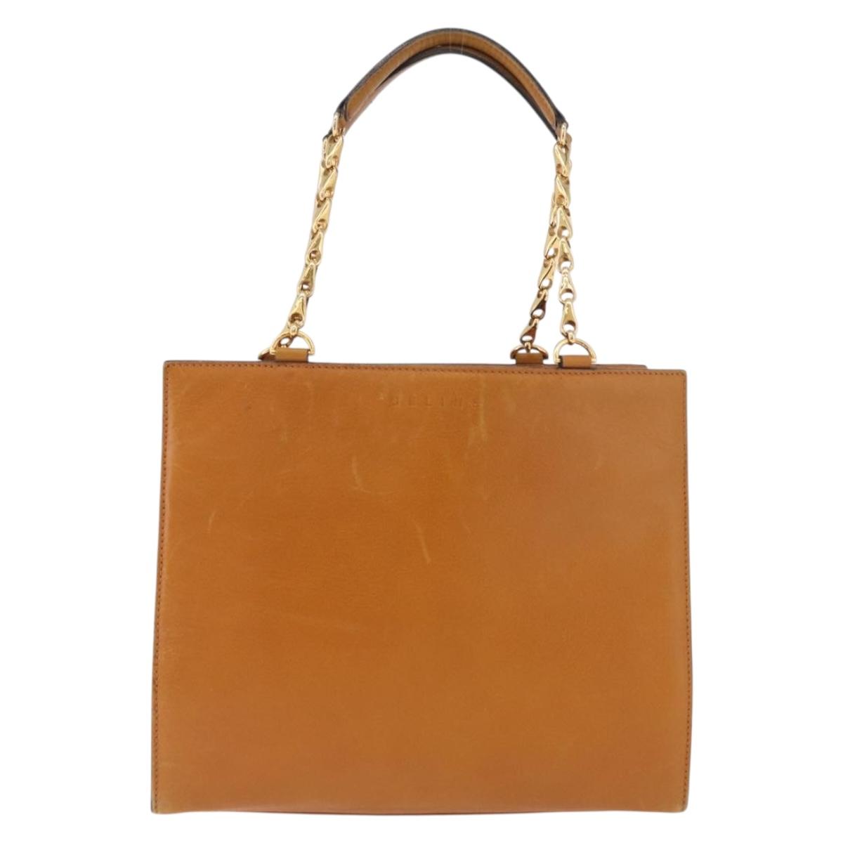CELINE Chain Hand Bag Leather Beige Gold Auth 184329A