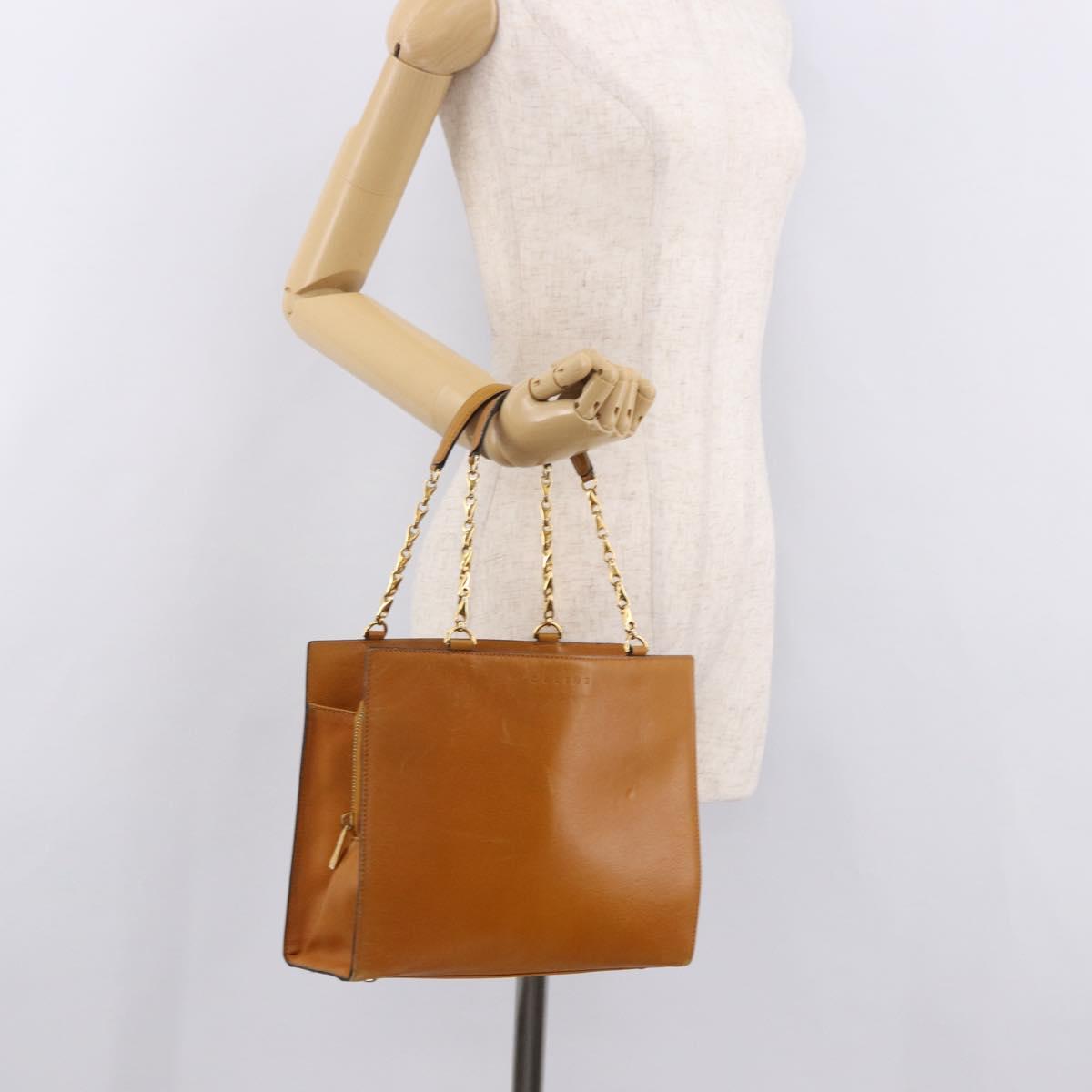 CELINE Chain Hand Bag Leather Beige Gold Auth 184329A