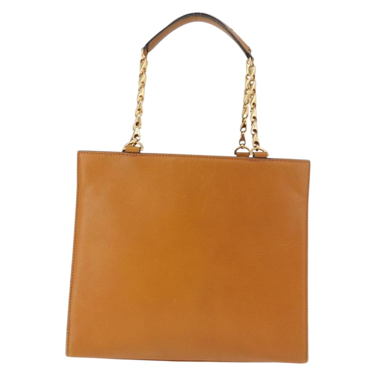CELINE Chain Hand Bag Leather Beige Gold Auth 184329A