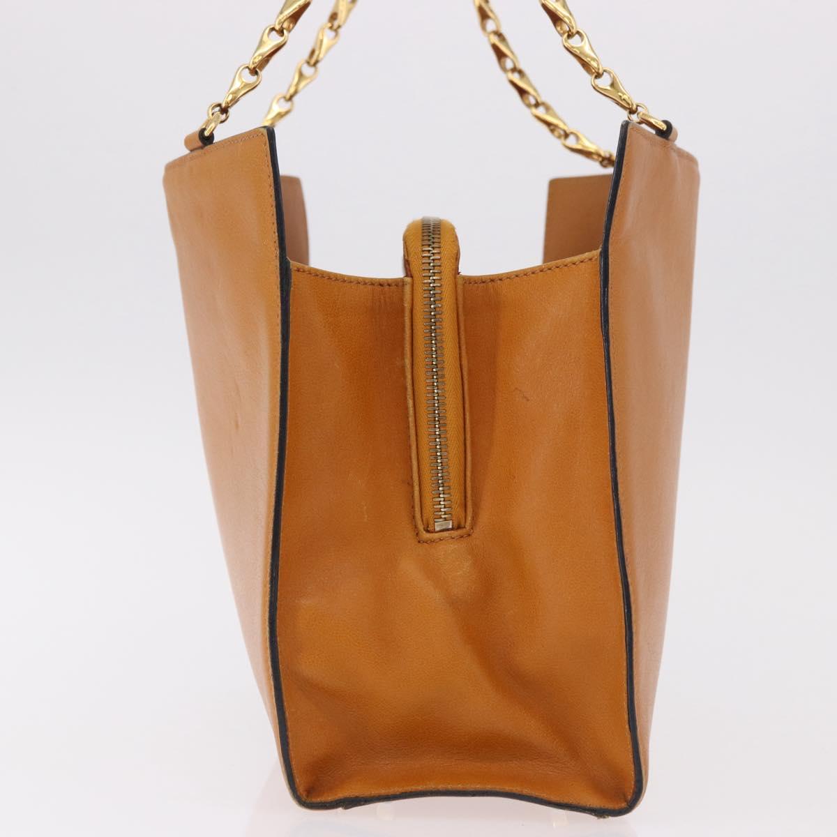 CELINE Chain Hand Bag Leather Beige Gold Auth 184329A