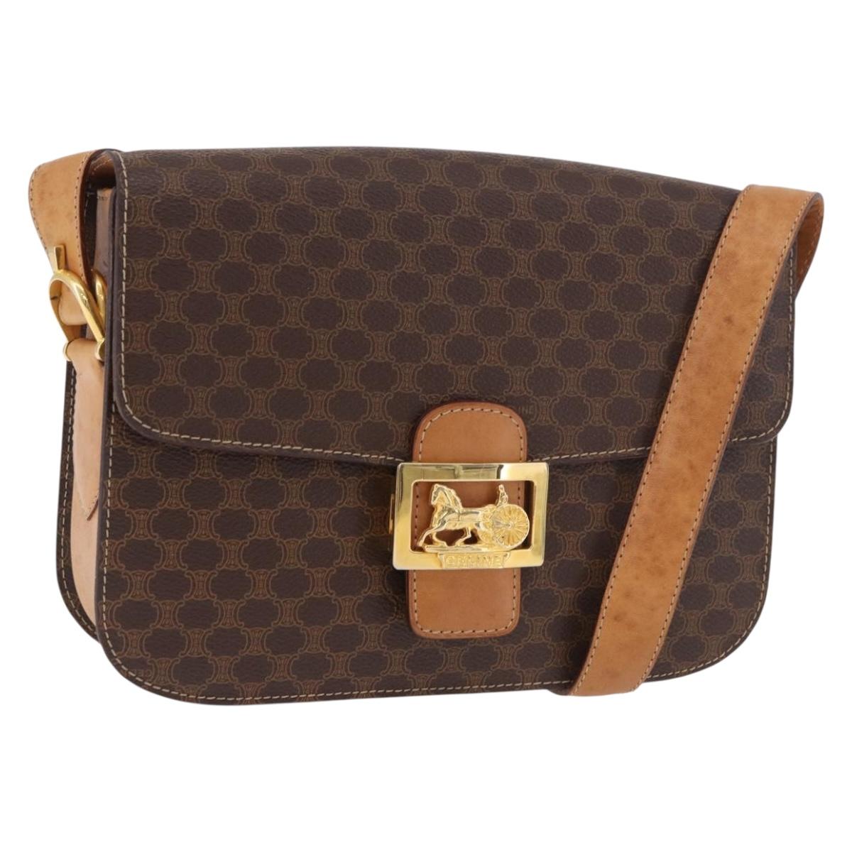 CELINE Macadam Canvas Horse Carriage Bag PVC Leather Brown Gold Auth 184354A