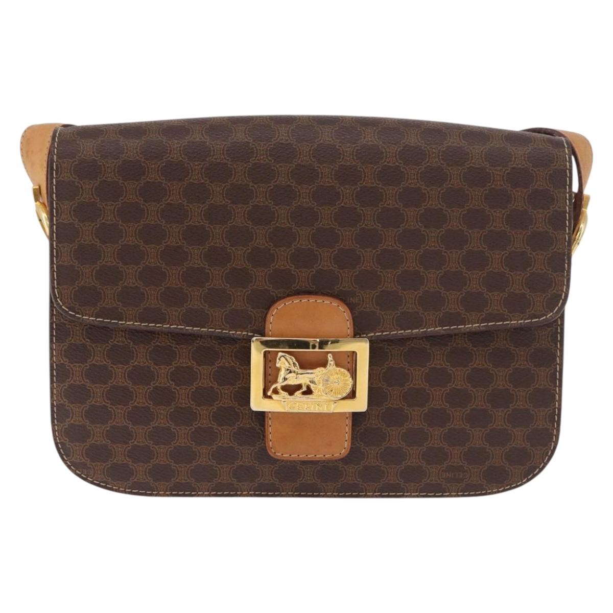 CELINE Macadam Canvas Horse Carriage Bag PVC Leather Brown Gold Auth 184354A