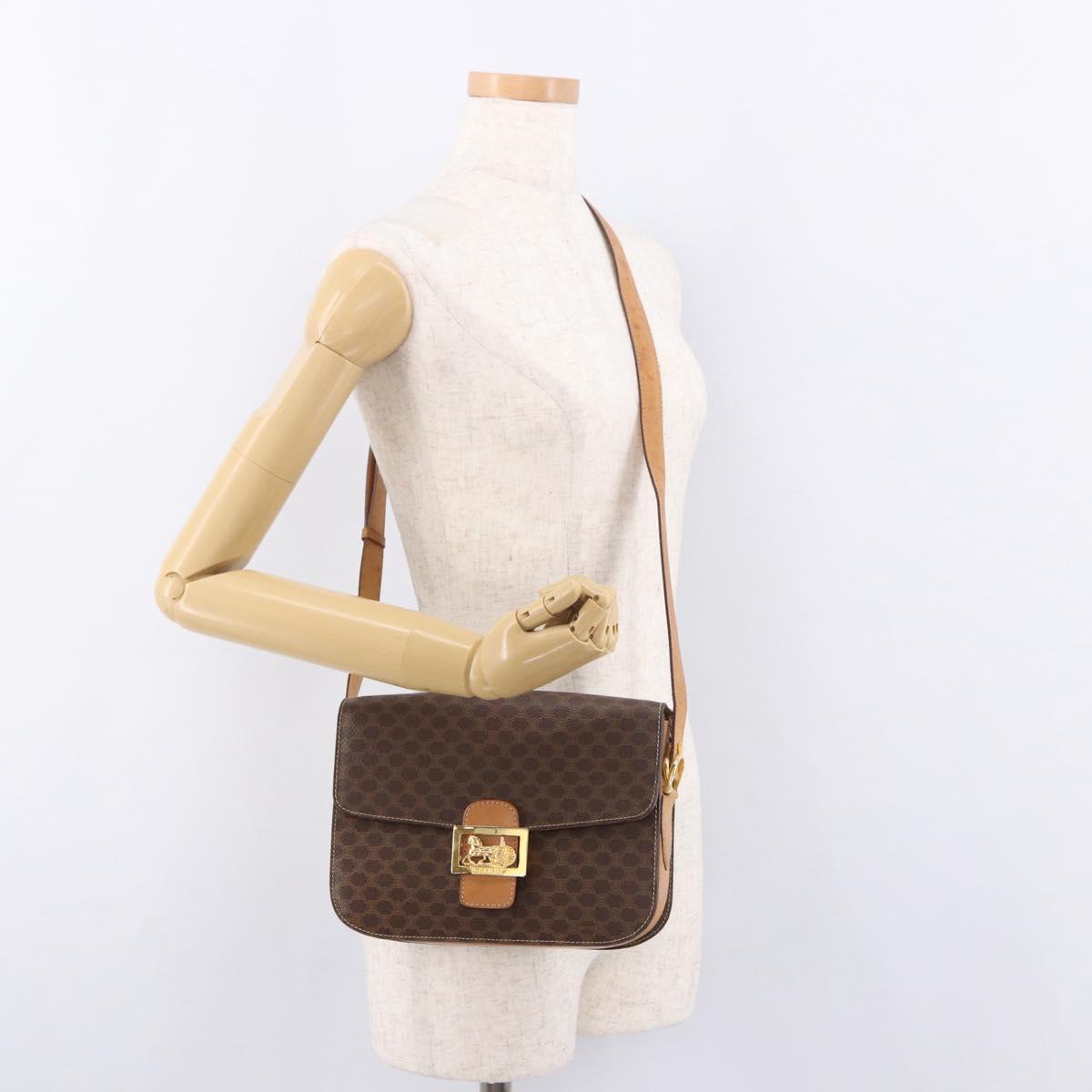 CELINE Macadam Canvas Horse Carriage Bag PVC Leather Brown Gold Auth 184354A