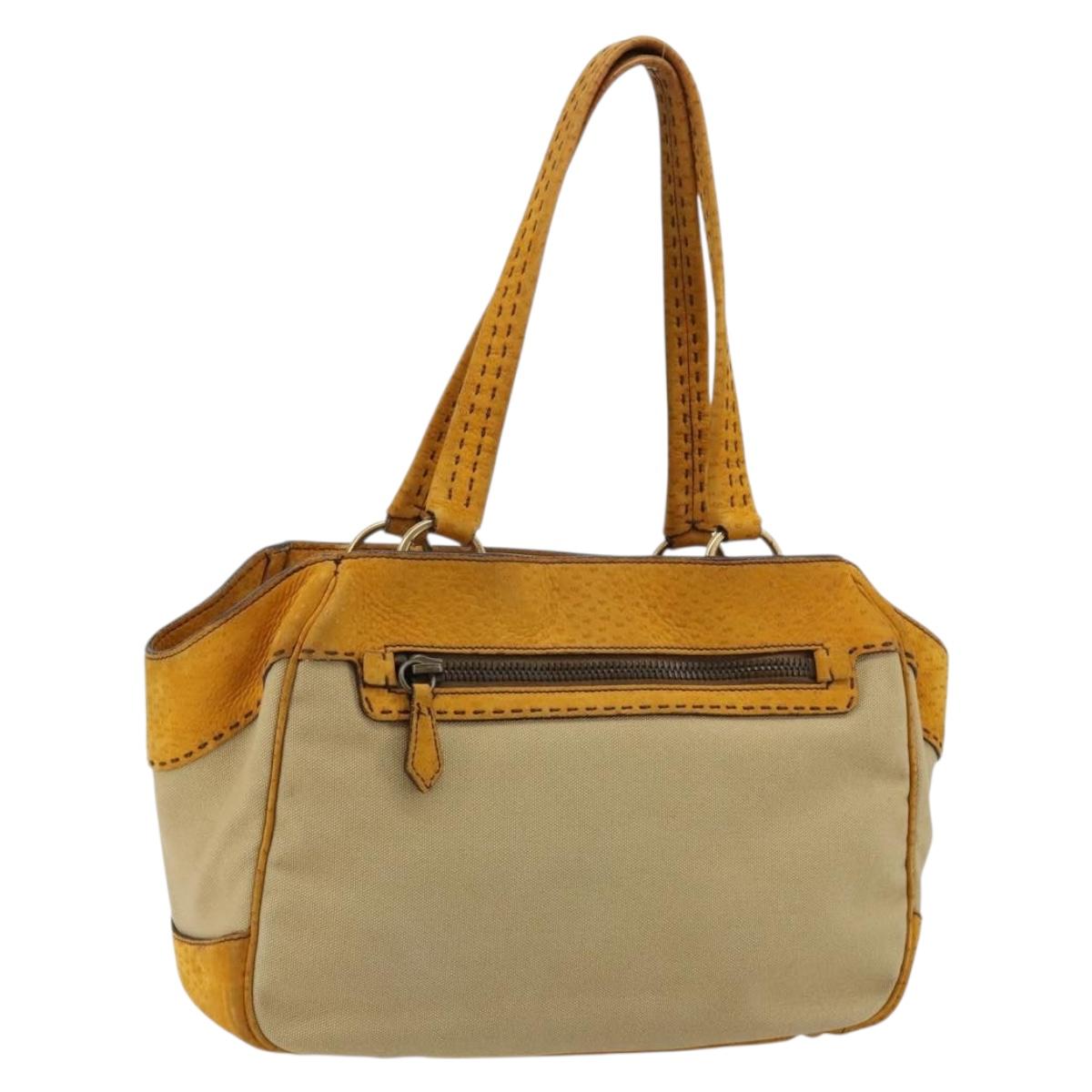 PRADA Hand Bag Canvas Beige Gold Auth 184366