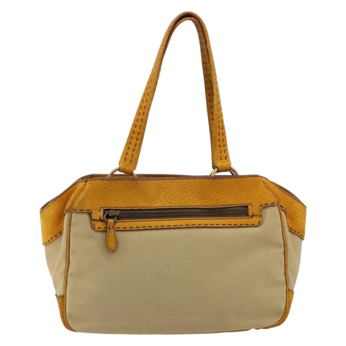 PRADA Hand Bag Canvas Beige Gold Auth 184366