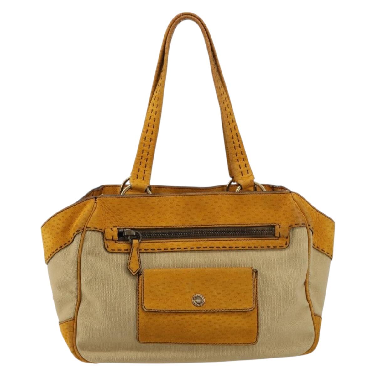 PRADA Hand Bag Canvas Beige Gold Auth 184366