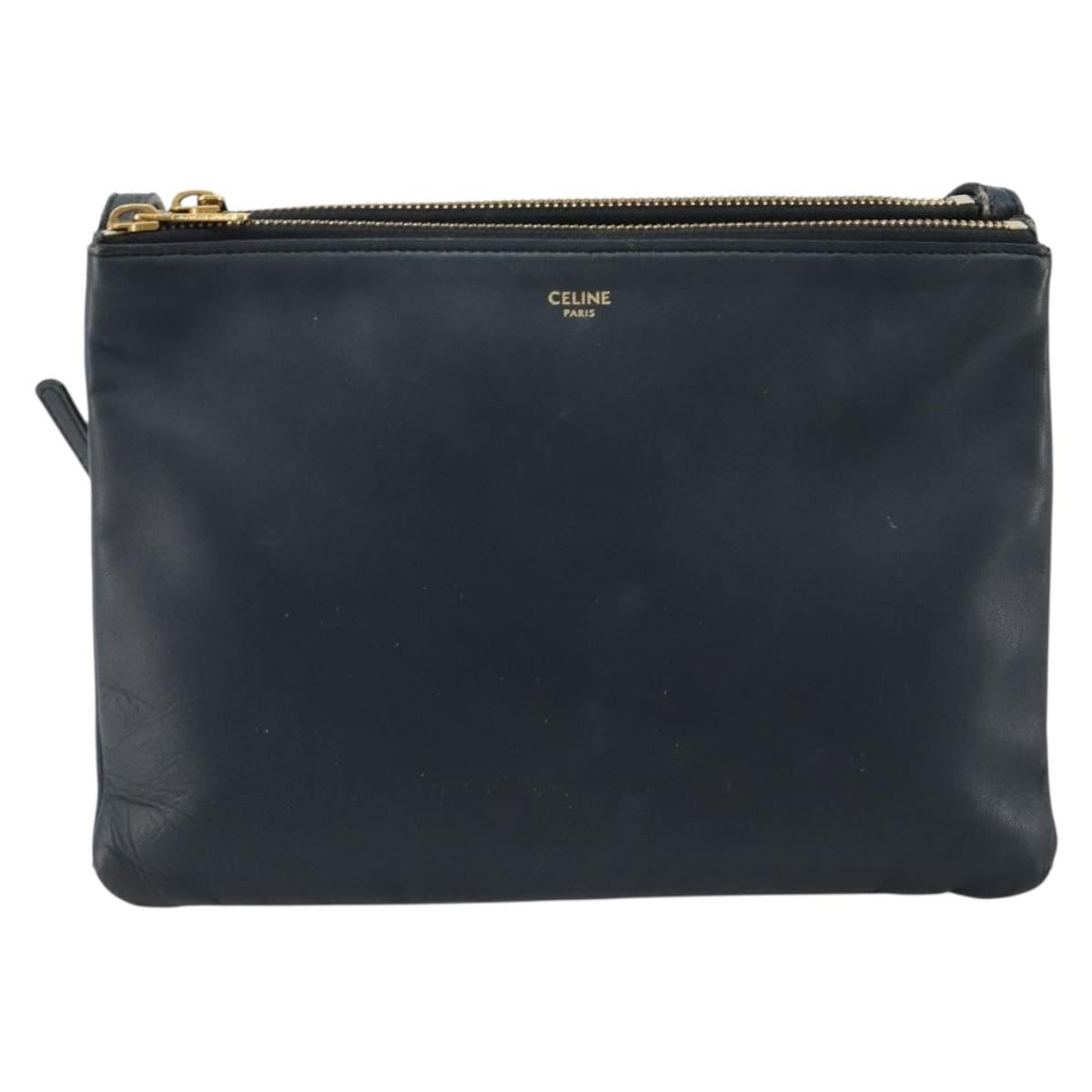 CELINE Trio Shoulder Bag Leather Navy Gold Auth 184367