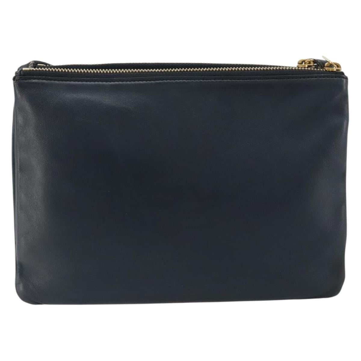 CELINE Trio Shoulder Bag Leather Navy Gold Auth 184367