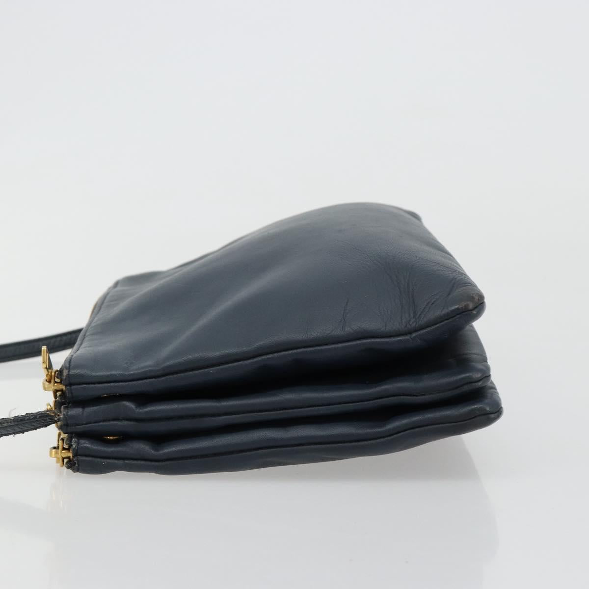 CELINE Trio Shoulder Bag Leather Navy Gold Auth 184367