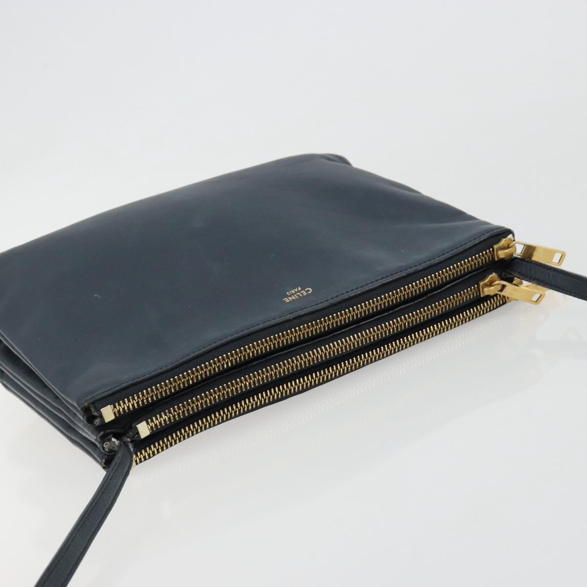 CELINE Trio Shoulder Bag Leather Navy Gold Auth 184367