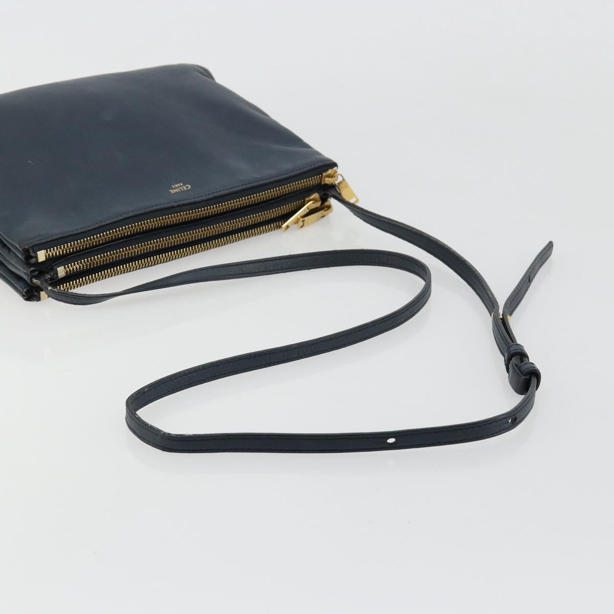 CELINE Trio Shoulder Bag Leather Navy Gold Auth 184367