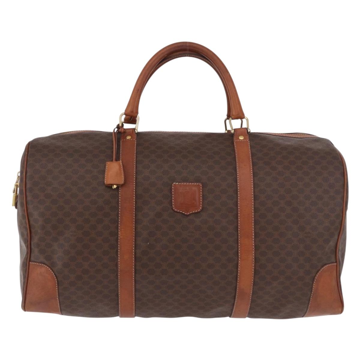 CELINE Macadam Canvas Boston Bag PVC Leather Brown Gold Auth 184375