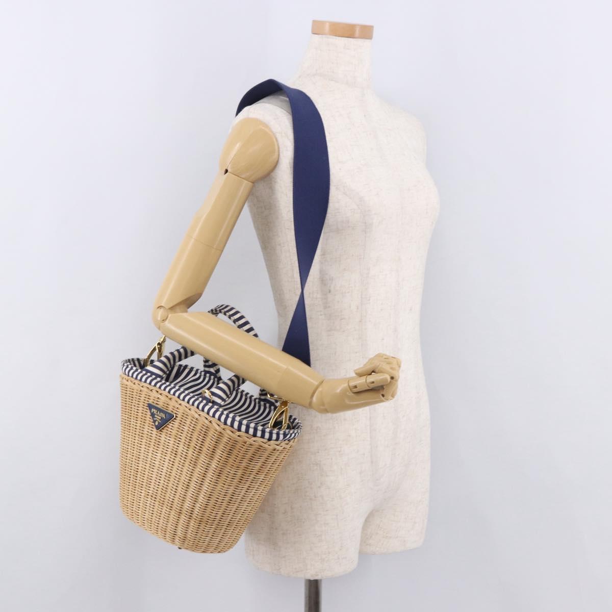 PRADA Hand Bag Rattan Beige Gold Auth 184379SAM