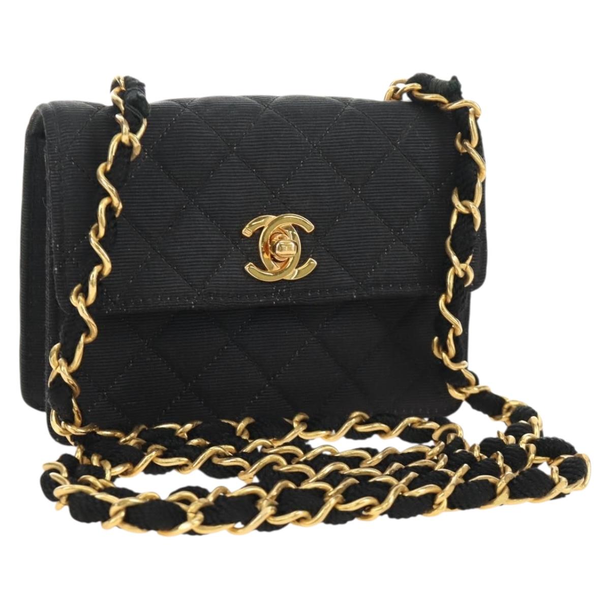CHANEL Matelasse Chain Shoulder Pouch Canvas Black Gold CC Auth 184384V
