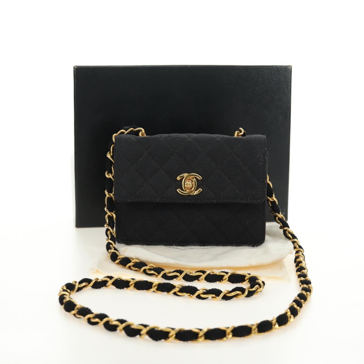 CHANEL Matelasse Chain Shoulder Pouch Canvas Black Gold CC Auth 184384V