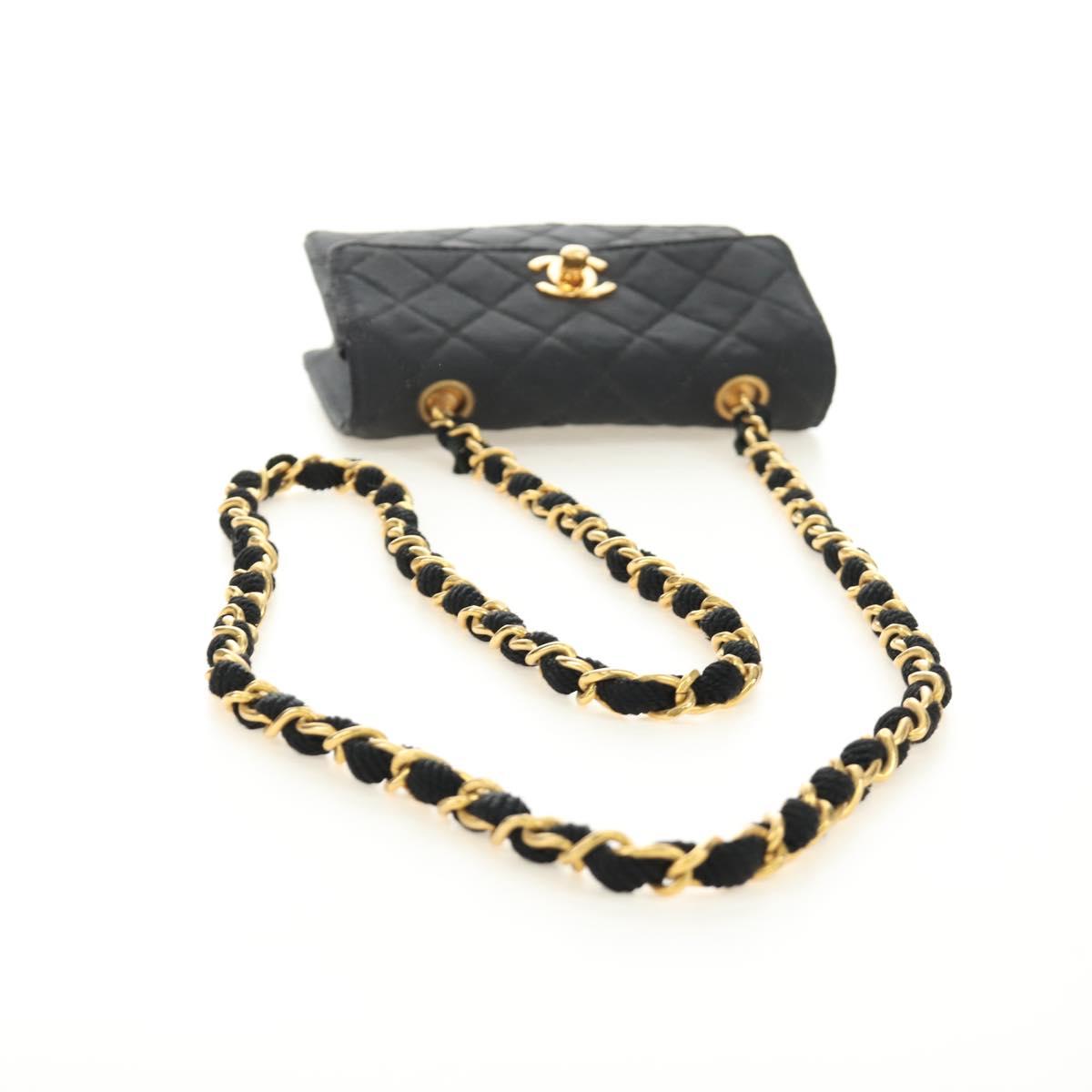 CHANEL Matelasse Chain Shoulder Pouch Canvas Black Gold CC Auth 184384V