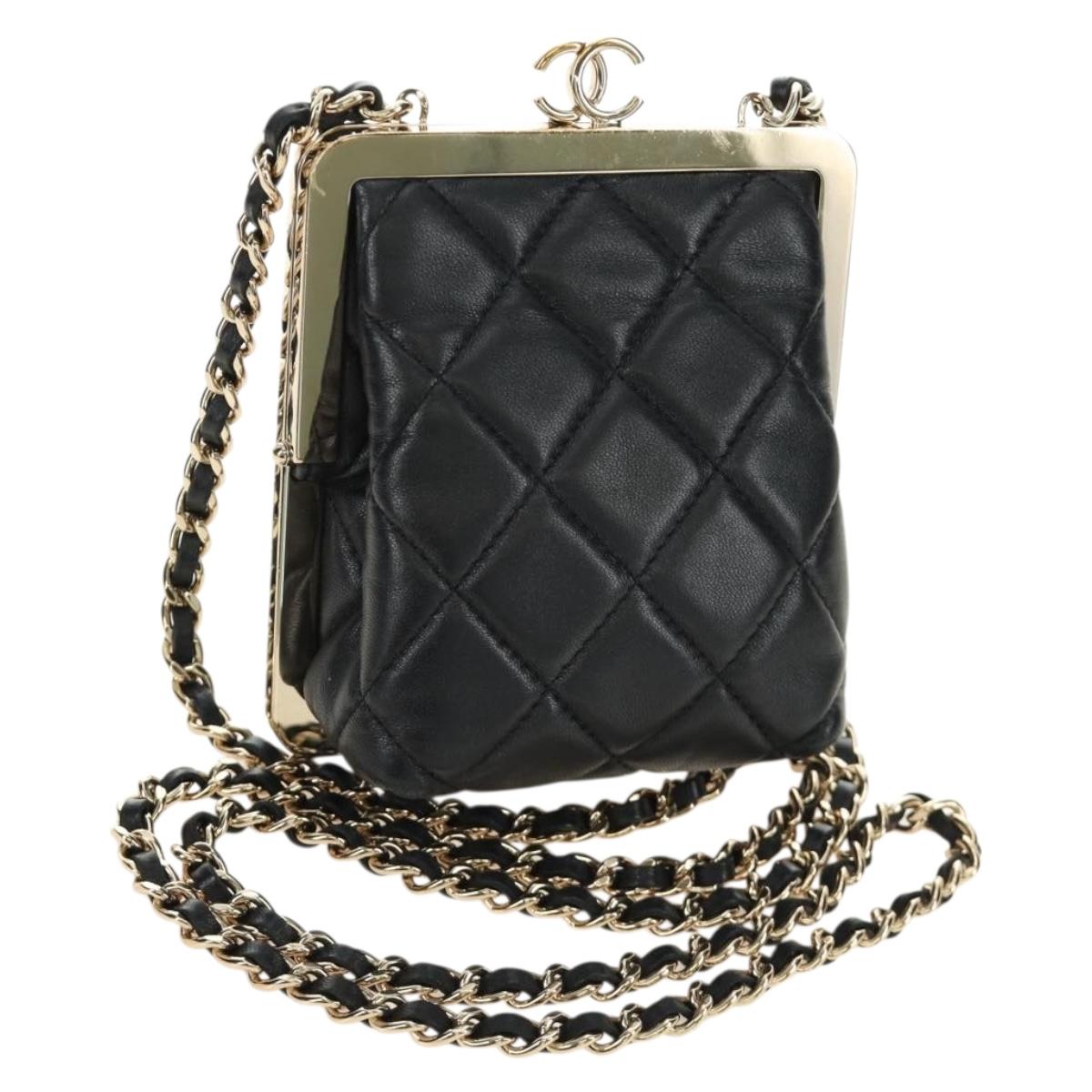 CHANEL Chain Shoulder Pouch Evening Bag Lamb Skin Black Gold CC Auth 184385SV
