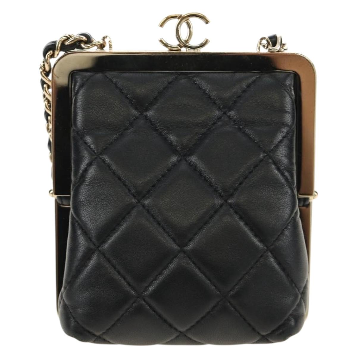 CHANEL Chain Shoulder Pouch Evening Bag Lamb Skin Black Gold CC Auth 184385SV