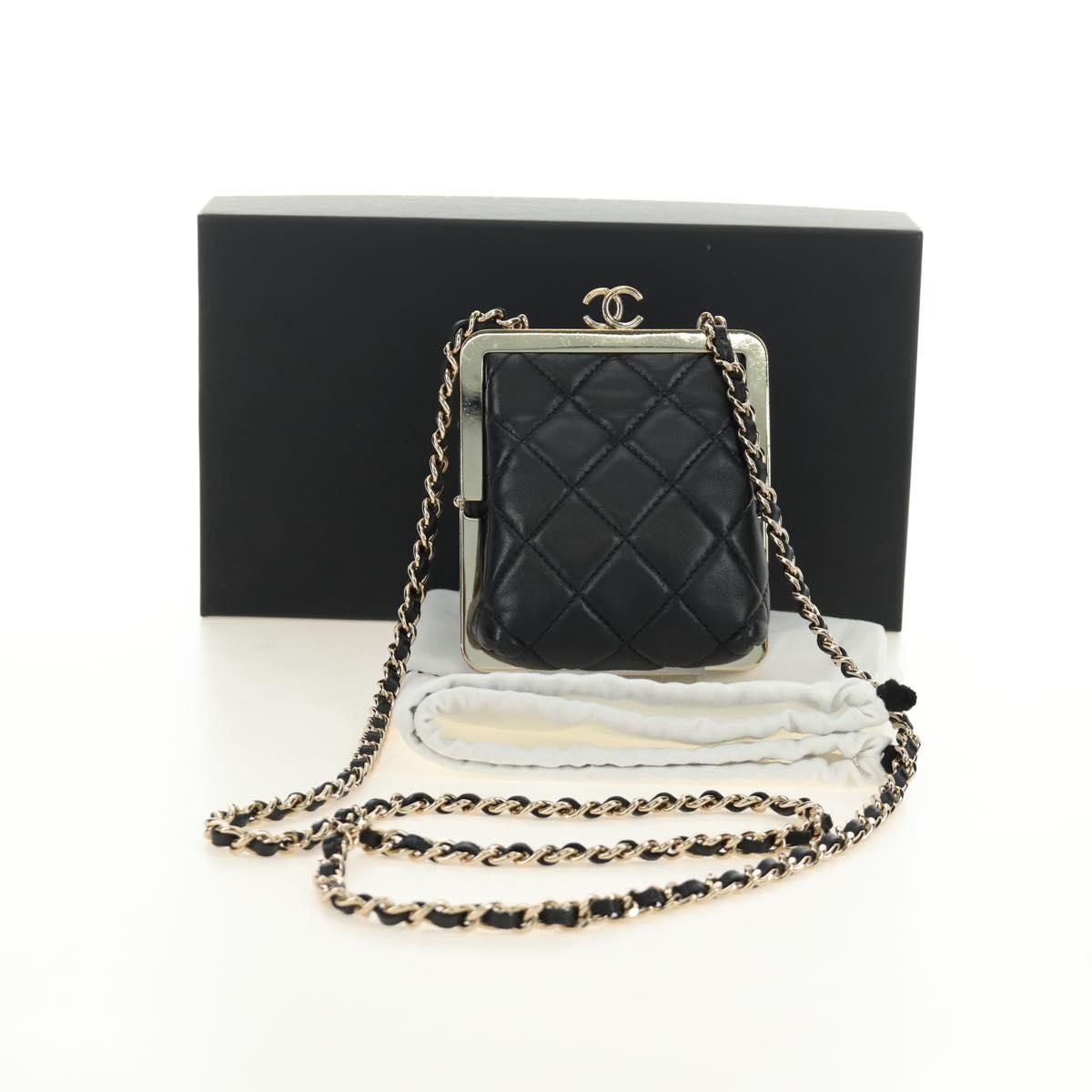 CHANEL Chain Shoulder Pouch Evening Bag Lamb Skin Black Gold CC Auth 184385SV