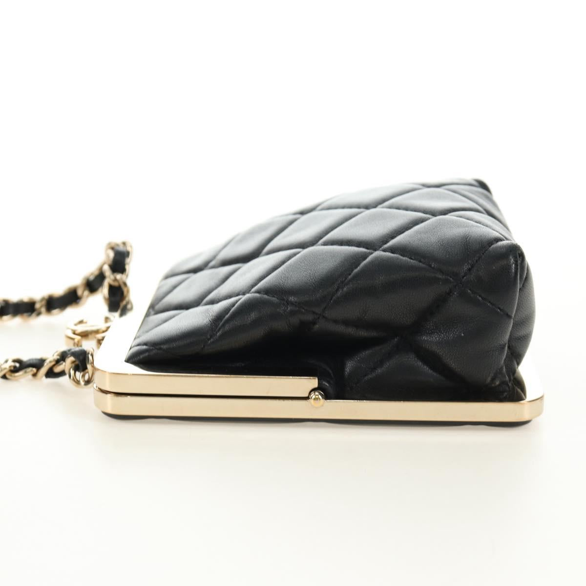 CHANEL Chain Shoulder Pouch Evening Bag Lamb Skin Black Gold CC Auth 184385SV