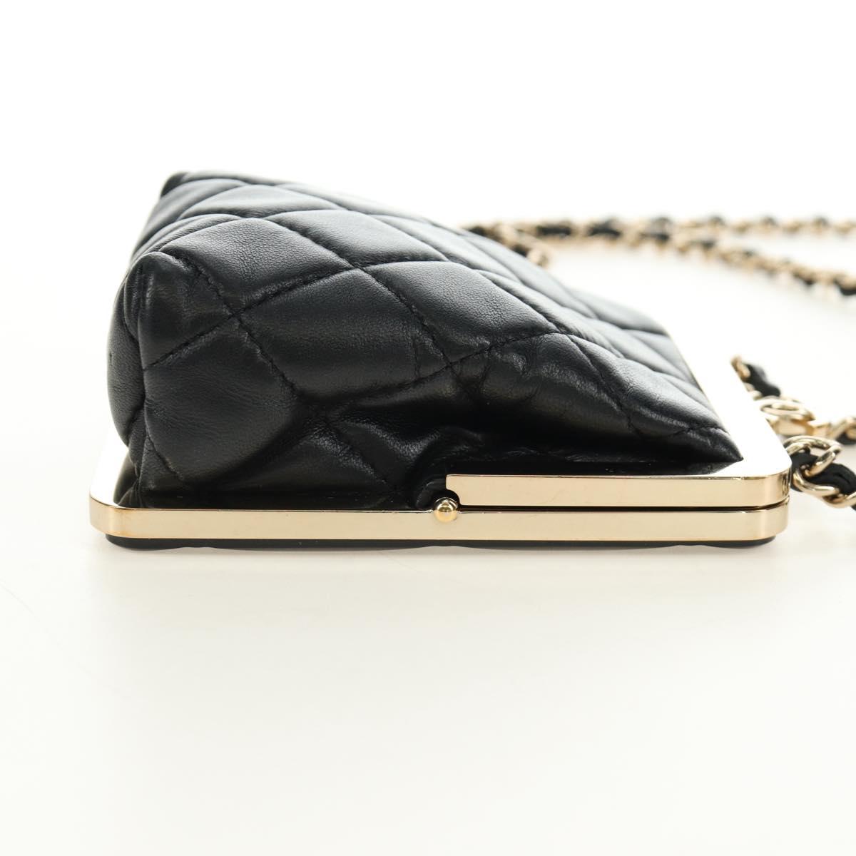 CHANEL Chain Shoulder Pouch Evening Bag Lamb Skin Black Gold CC Auth 184385SV