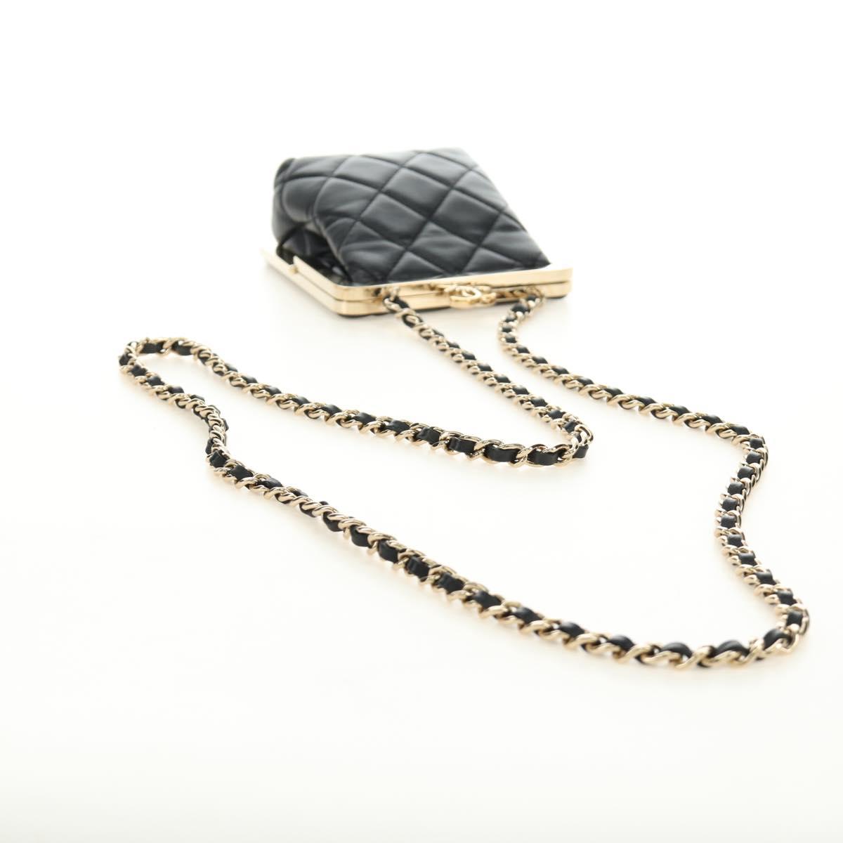 CHANEL Chain Shoulder Pouch Evening Bag Lamb Skin Black Gold CC Auth 184385SV