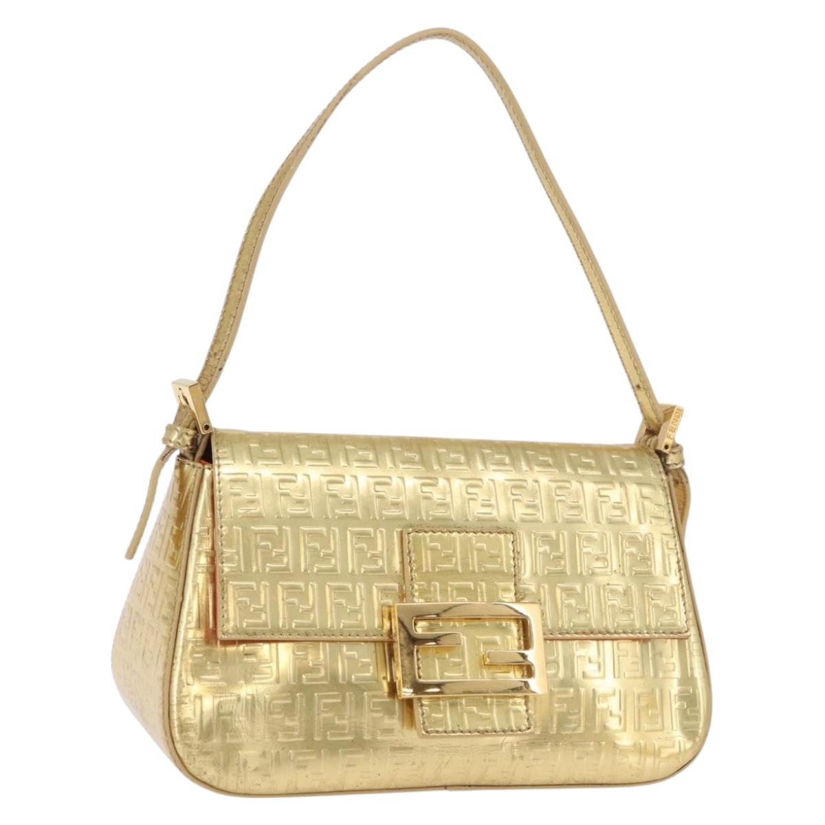 FENDI Zucchino Canvas Mamma Baguette Shoulder Bag Leather Gold Auth 184388M