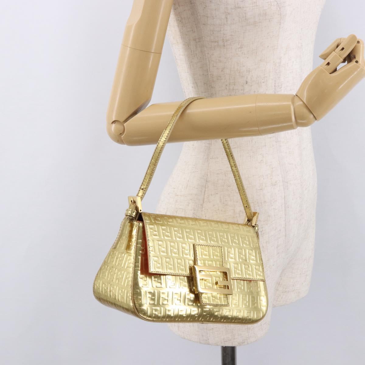 FENDI Zucchino Canvas Mamma Baguette Shoulder Bag Leather Gold Auth 184388M