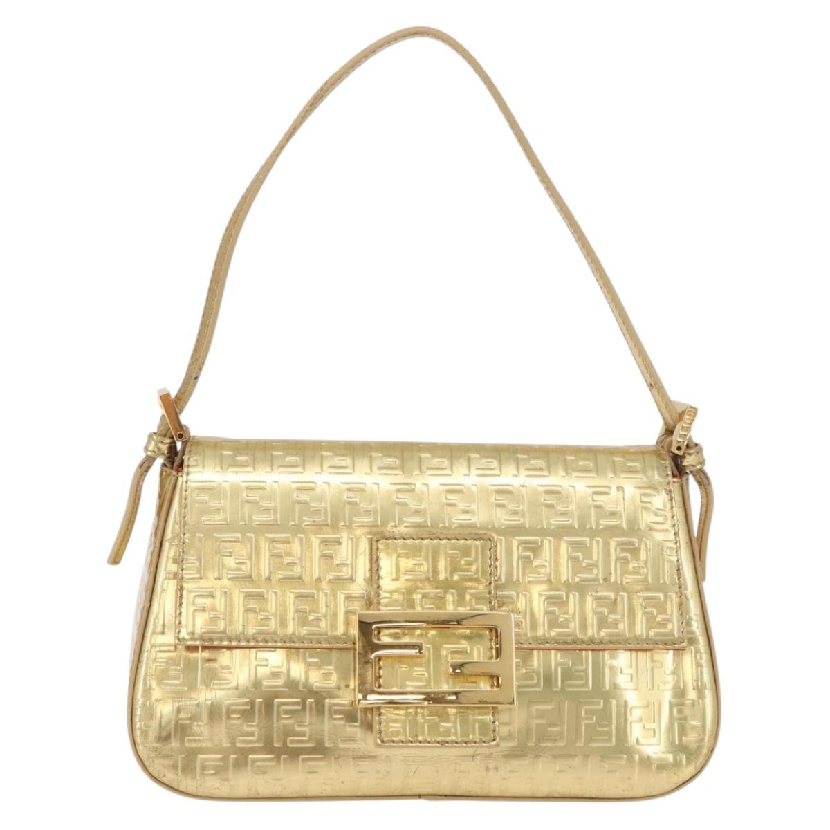 FENDI Zucchino Canvas Mamma Baguette Shoulder Bag Leather Gold Auth 184388M