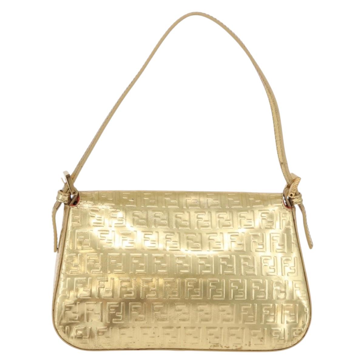 FENDI Zucchino Canvas Mamma Baguette Shoulder Bag Leather Gold Auth 184388M