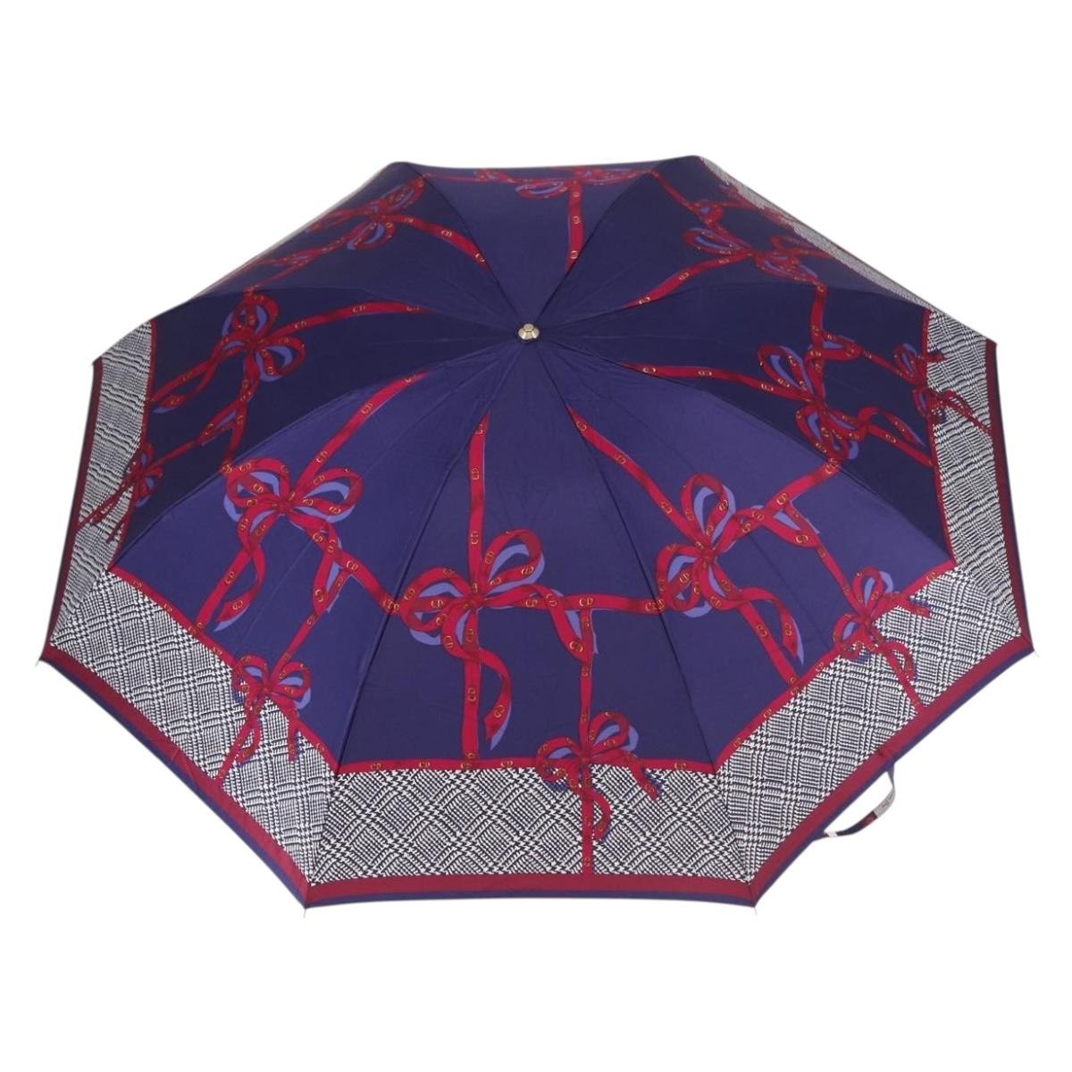 Christian Dior Folding Umbrella Polyester Made by Kanebo Navy Gold Auth 184397M