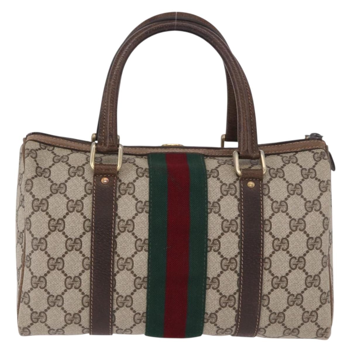GUCCI GG Supreme Web Sherry Line Hand Bag PVC Beige Gold Red Auth 184430